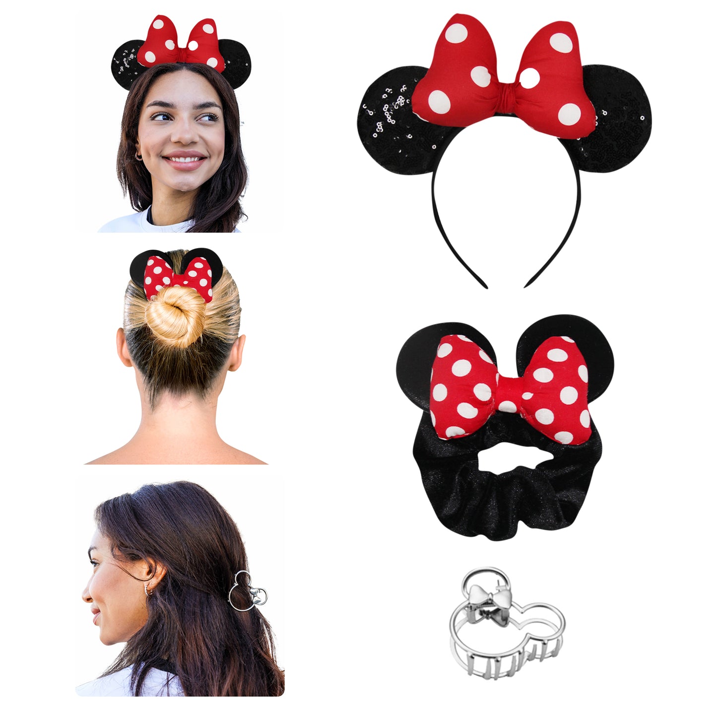 Styla Hair 3 Piece Mouse Ears Headband, Scrunchie & Claw Clip Set – Red Puff