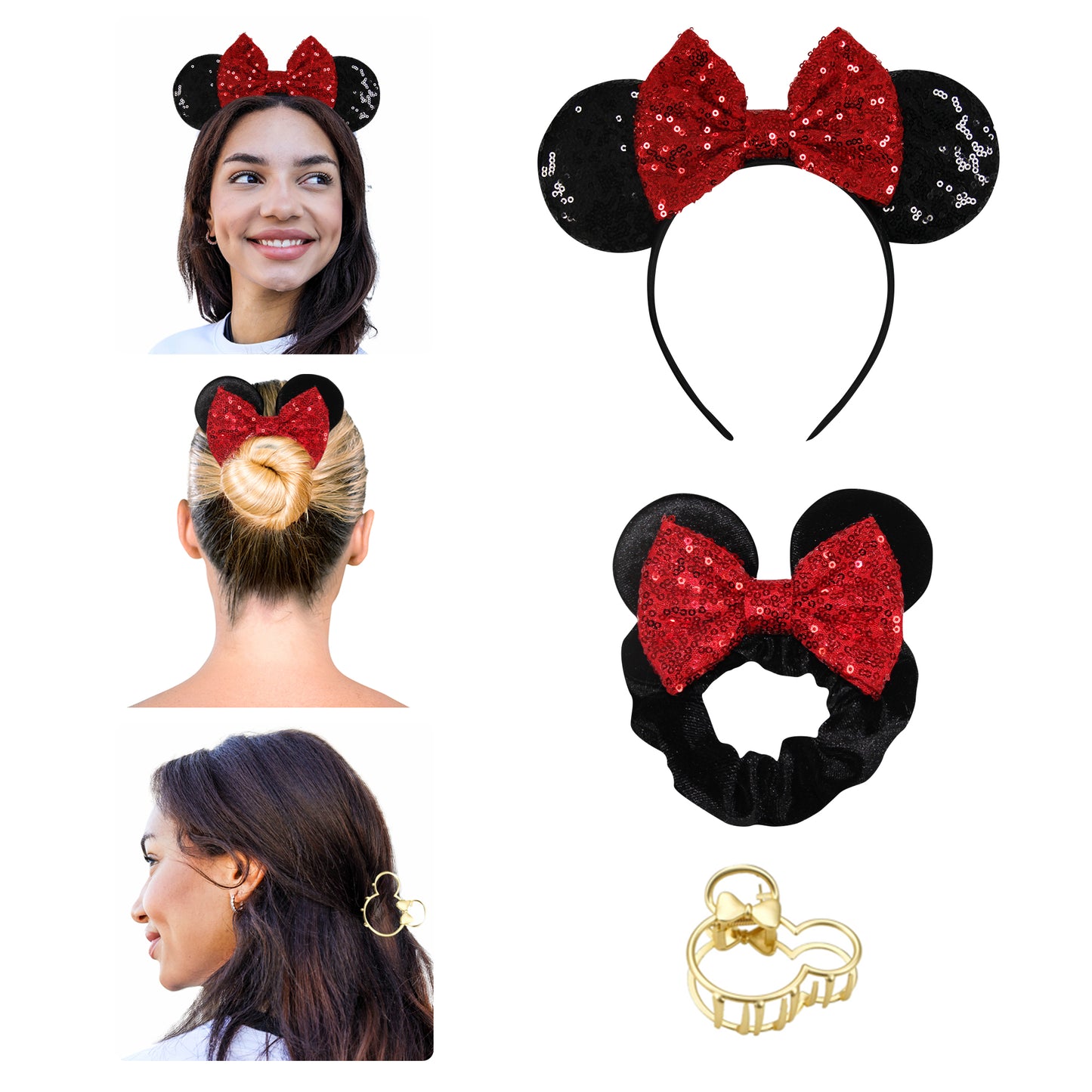 Styla Hair 3 Piece Mouse Ears Headband, Scrunchie & Claw Clip Set – Solid Red