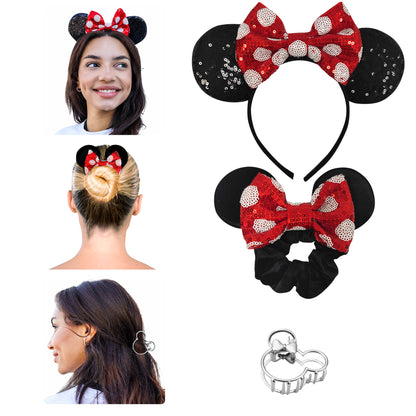 Styla Hair 3 Piece Mouse Ears Headband, Scrunchie & Claw Clip Set – Red Polka Dot