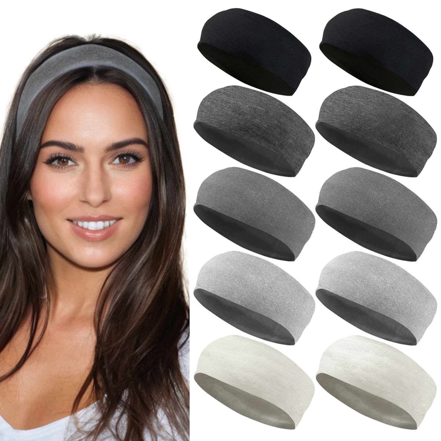 Styla Hair 10 Pack Stretch Fashion Head Bands - Black Grey