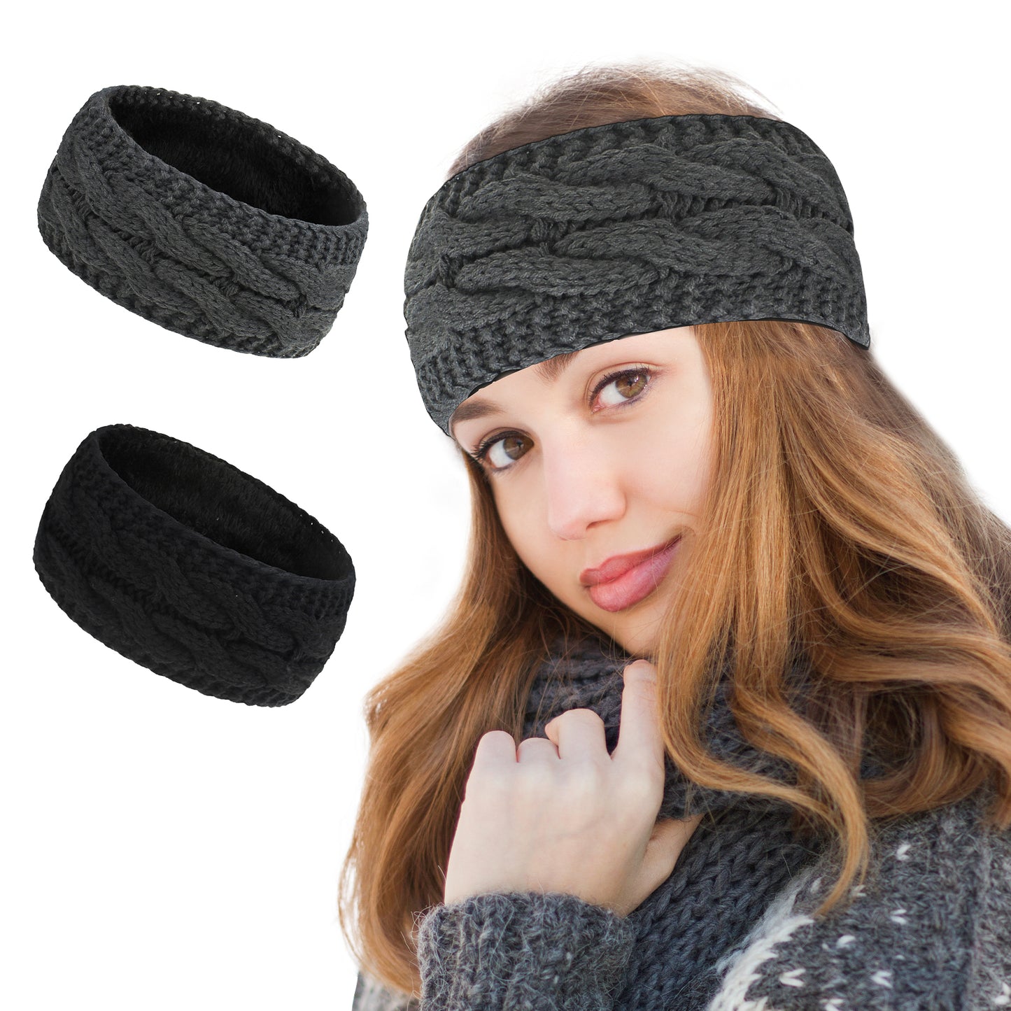 Styla Hair Winter Knit Headbands - Warm Soft Thick Fleece Lined Ear Warmers for Women -  2 Pack, Black Grey