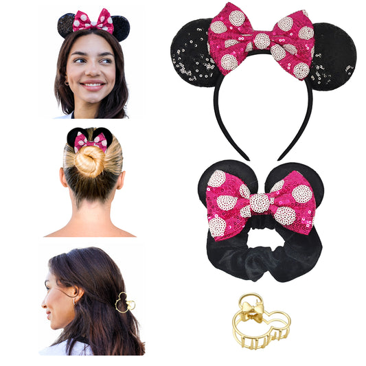 Styla Hair 3 Piece Mouse Ears Headband, Scrunchie & Claw Clip Set – Pink