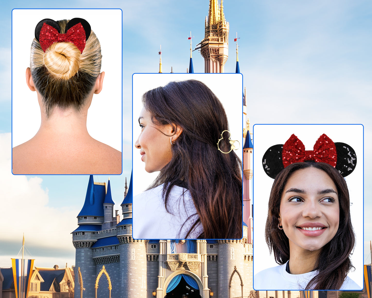 Styla Hair 3 Piece Mouse Ears Headband, Scrunchie & Claw Clip Set – Solid Red