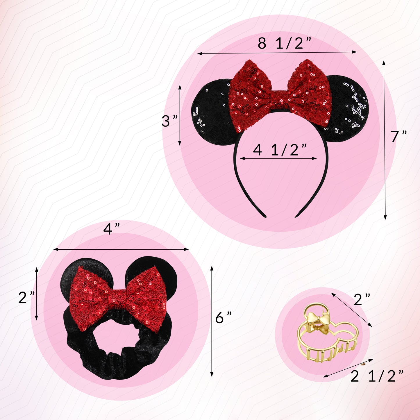 Styla Hair 3 Piece Mouse Ears Headband, Scrunchie & Claw Clip Set – Solid Red