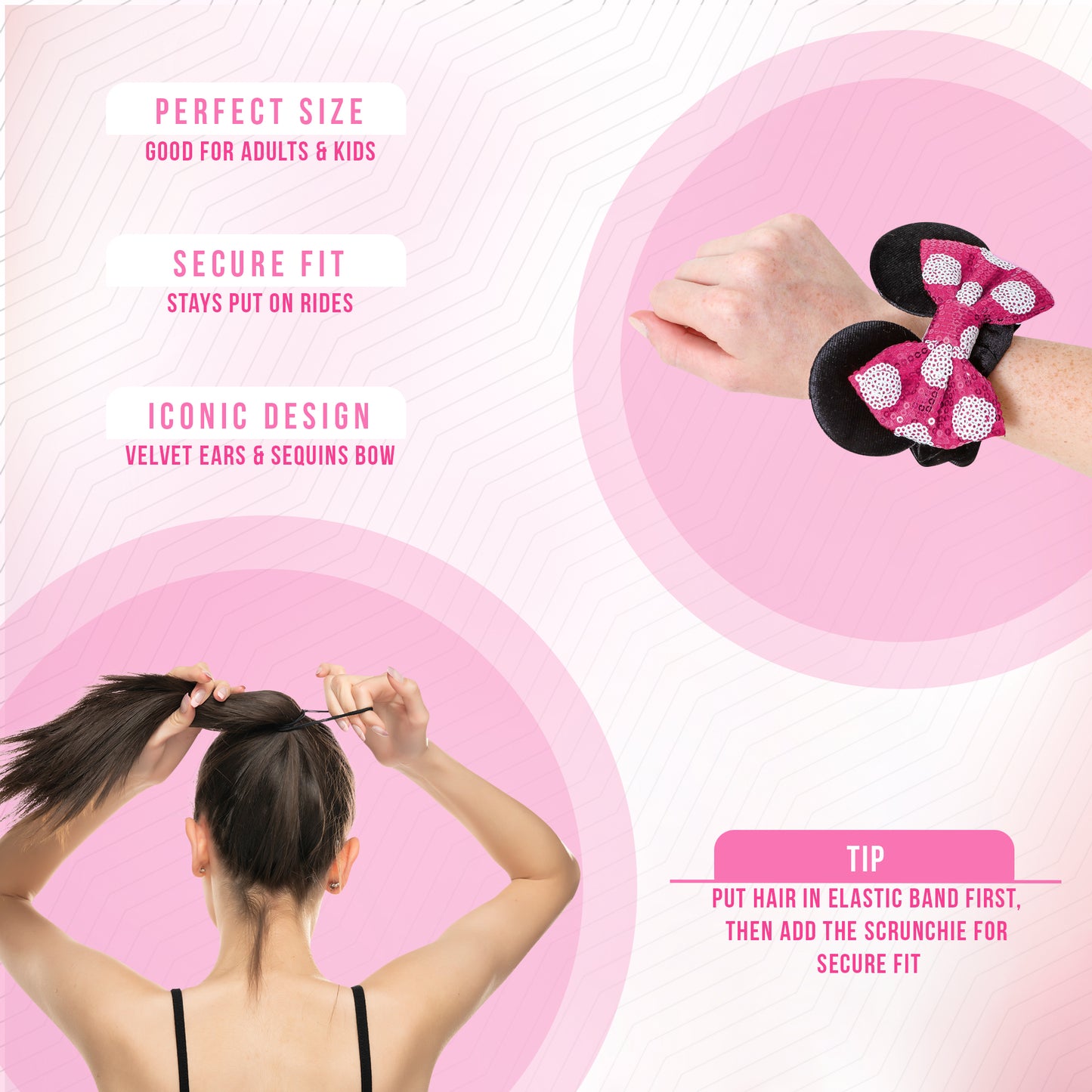 Styla Hair 3 Piece Mouse Ears Headband, Scrunchie & Claw Clip Set – Pink