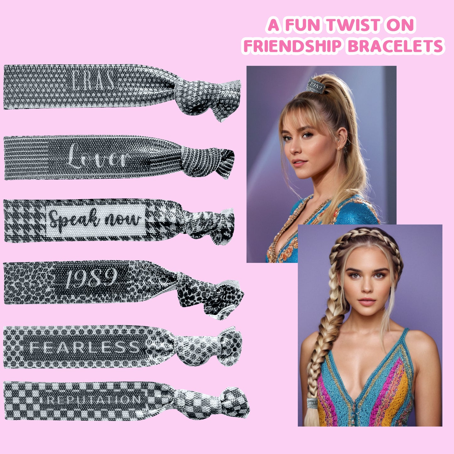 Styla Hair Taylor Inspired Ribbon Elastic Hair Ties, Fun Twist on Friendship Bracelets - 6 Pack Black & White