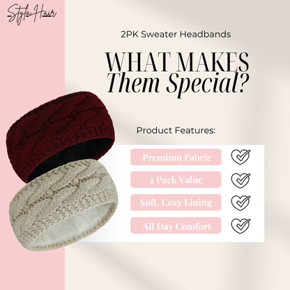 Styla Hair Winter Knit Headbands - Warm Soft Thick Fleece Lined Ear Warmers for Women -  2 Pack Burgundy Beige