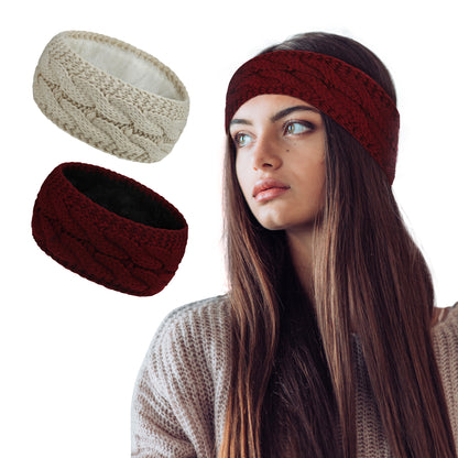 Styla Hair Winter Knit Headbands - Warm Soft Thick Fleece Lined Ear Warmers for Women -  2 Pack Burgundy Beige