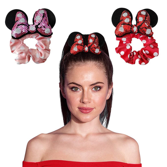 Styla Hair 2pk Mouse Ear Sequin Glitter Scrunchies - Pink Red Dot