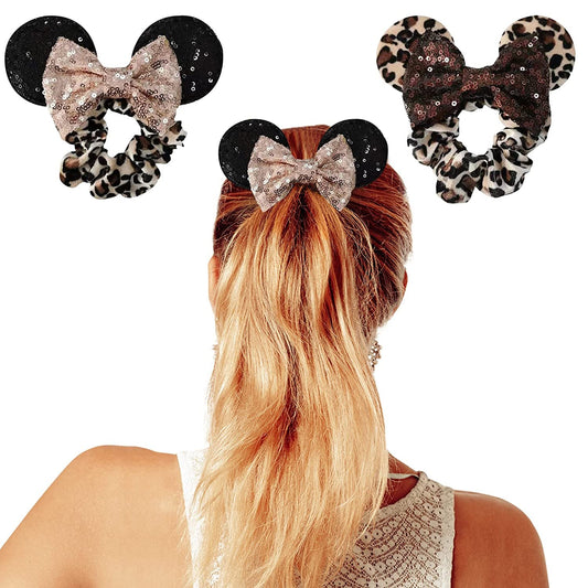 Styla Hair 2pk Mouse Ear Sequin Glitter Scrunchies - Leopard