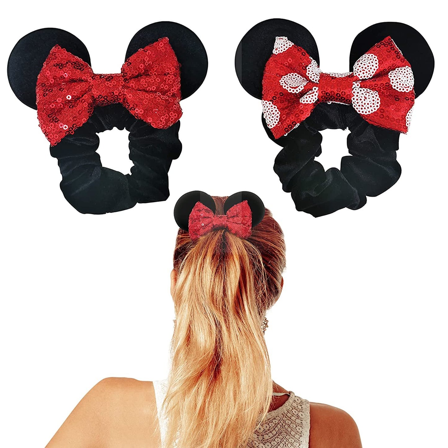 Styla Hair 2pk Mouse Ear Sequin Glitter Scrunchies - Red Black