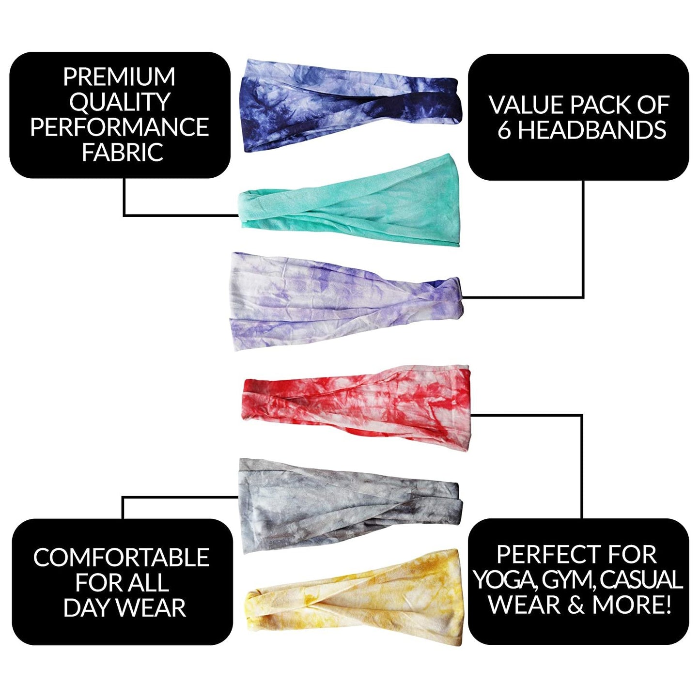 Styla Hair 6 Pack Wide Stretch Boho Headbands - Tie Dye